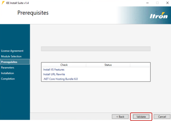 Location of the Validate button on the Prerequisites screen.